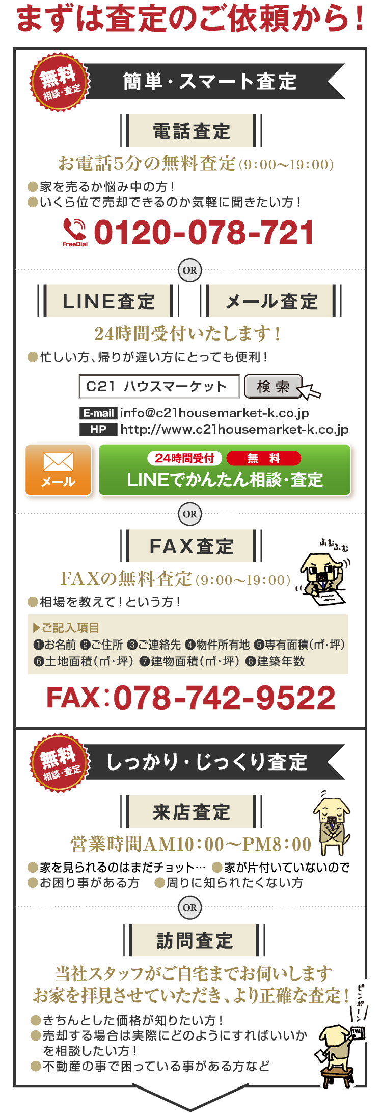 まずは査定のご依頼から！ 簡単・スマート査定 電話査定 お電話5分の無料査定（9：00〜19：00） ●家を売るか悩み中の方！ ●いくら位で売却できるのか気軽に聞きたい方！ 0120-078-721 or LINE査定 メール査定 24時間受付いたします！ ●忙しい方、帰りが遅い方にとっても便利！ or FAX査定 FAXの無料査定（9:00〜19:00） ●相場を教えて！という方！ FAX：078-742-9522 しっかり・じっくり査定 来店査定 営業時間 AM10：00〜PM8：00 ●家を見られるのはまだチョット… ●家が片付いていないので ●お困り事がある方 ●周りに知られたくない方 or 訪問査定 当社スタッフがご自宅までお伺いしますお家を拝見させていただき、より正確な査定！ ●きちんとした価格が知りたい方！ ●売却する場合は実際にどのようにすればいいかを相談したい方！ ●不動産の事で困っている事がある方など